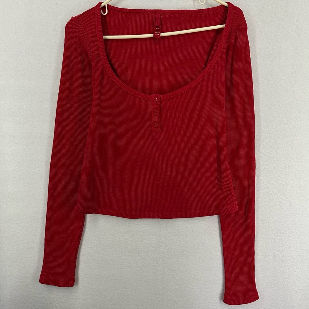 Skims Waffle Henley Long Sleeve Top Womens Large Red‎